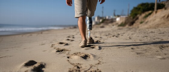 person with prosthetic leg walks along sandy beach, leaving footprints in sand. scene captures sense of determination and resilience against backdrop of ocean waves and clear skies