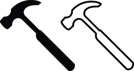 Carpenter hammer icons set black flat, outline styles. Hammer tool used for construction or repair. Judge gavel sign, symbols for graphic and web designs collection isolated on transparent background.