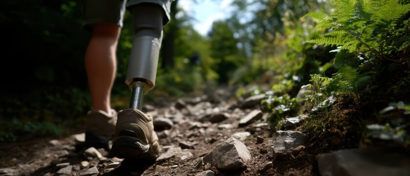 close up view of prosthetic leg hiking trail, showcasing determination and resilience of individual navigating through rocky terrain. lush greenery surrounding path adds to sense of adventure - Powered by Adobe