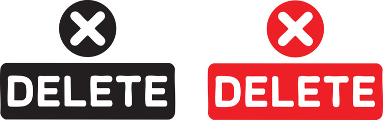 Obraz premium Delete Button Icon Set – Red and Black Flat Design with X Symbol