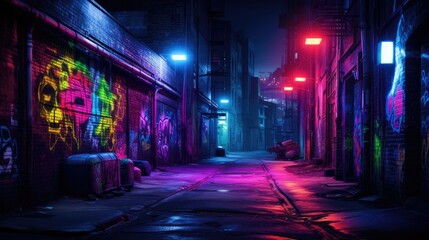 Luminous neon lights illuminating dark alley