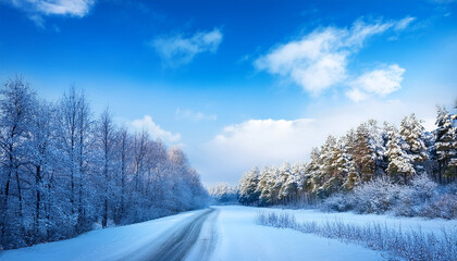 Obraz premium winter rural landscape with the road the forest and the blue sk