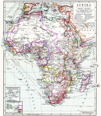 Map of the African continent with colonial possessions, borders and sea routes, political overview. Publication of the "Meyers encyclopedia", Vol. 6, Leipzig, Germany, 1910.