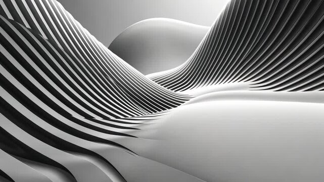 Abstract Monochromatic Architectural Waves: A Digital 3D Render of Interlocking Grey and White Forms