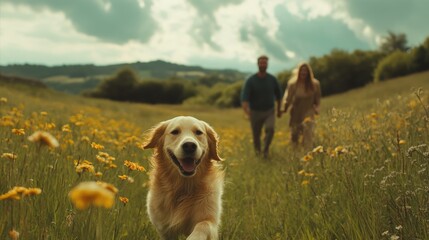 happy family travel on their summer holiday trip together with their cheerful golden retriever dog at beautiful natural area.
