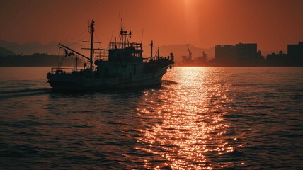 朝日に照らされた漁船