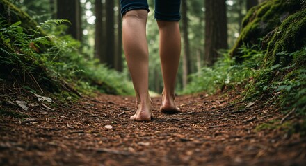 Bare feet walking on a forest path surrounded by green foliage and tall trees in a natural setting
