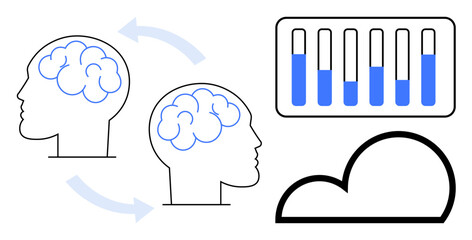 Two connected brain outlines with arrows, data bars, and a cloud element showcase knowledge transfer, productivity tools, data syncing, AI innovation, collaboration, tech integration, and simple