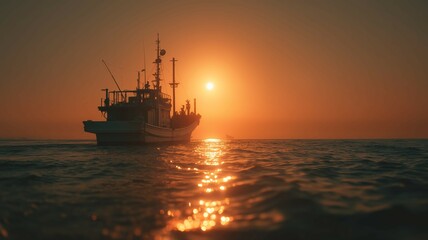 朝日に照らされた漁船