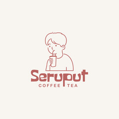 Hand drawn character of man drink coffee. Coffee shop logo design template.