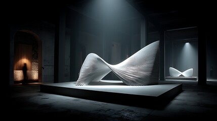 A sculpture on a platform is shown in a building.