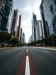 Obraz premium Urban perspective of a modern city street showcasing architectural design of glass skyscrapers and central painted lane