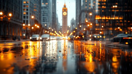 Rainy City Street with Glowing Reflections from Cars and Street Lamps