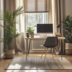Serene workspace with natural light computer houseplants wooden desk chair and striped rug calm home office