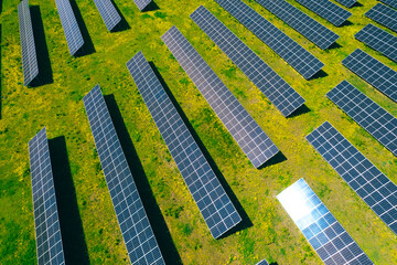 Solar panels park generating green energy electric.Green energy reduce carbon emissions and makes earth cleaner and more ecological.