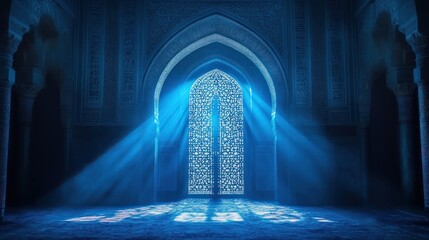 Mystical Sunlight Illuminating an Ornate Architectural Archway in Deep Blue Tones