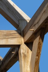 Oak wood condstruction of a house or barn. Architecture. Craft.