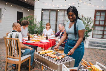 cozy outdoor dining area set up for a rustic BBQ party offering relaxed camp style atmosphere where...
