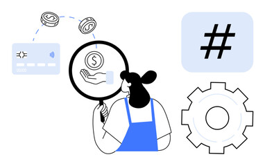 Woman focusing on financial data with magnifying glass, examining digital transactions, coins, settings gear, and metadata tag. Ideal for finance, banking, data review, digital tools fintech