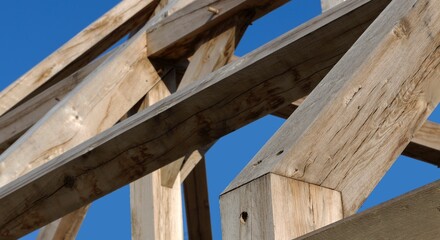 Oak wood condstruction of a house or barn. Architecture. Craft.