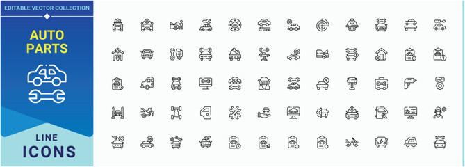Set of Auto Parts line icon. Related to engine, element, spare, automobile, vehicle, automotive and more. Vector icons collection. Automotive line icon set. Vector illustration.