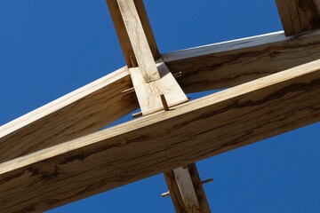 Oak wood condstruction of a house or barn. Architecture. Craft.