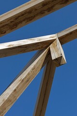 Oak wood condstruction of a house or barn. Architecture. Craft.