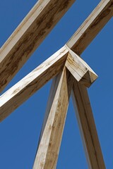 Oak wood condstruction of a house or barn. Architecture. Craft.