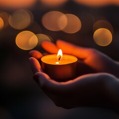December World AIDS Day Hands holding a candlelit vigil with blurred city lights golden hour dusk shallow depth of field warm redgold contrast Image