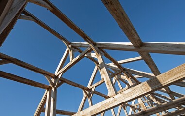 Oak wood condstruction of a house or barn. Architecture. Craft.