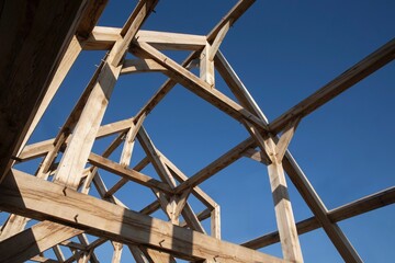 Oak wood condstruction of a house or barn. Architecture. Craft.
