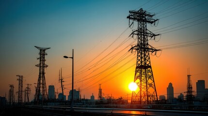 Fototapeta premium Silhouette of power lines against a vibrant sunset, birds in flight, urban landscape in background.