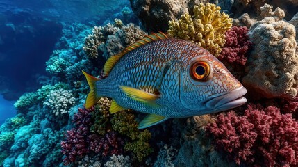 A vibrant fish with intricate patterns swims among colorful coral reefs in clear, underwater lighting.