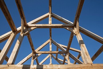 Oak wood condstruction of a house or barn. Architecture. Craft.