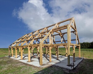 Oak wood condstruction of a house or barn. Architecture. Craft.