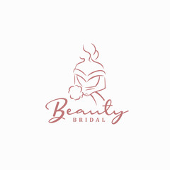 Wedding bridal dress gown holding a floral bouquet of flowers. Feminine logo design.