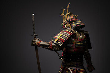 Samurai in Traditional Armor Holding a Katana Sword on Dark Background, Rear View, 3D illustration