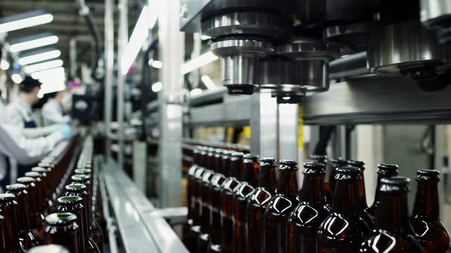 Glass bottles lined up at beverage production facility