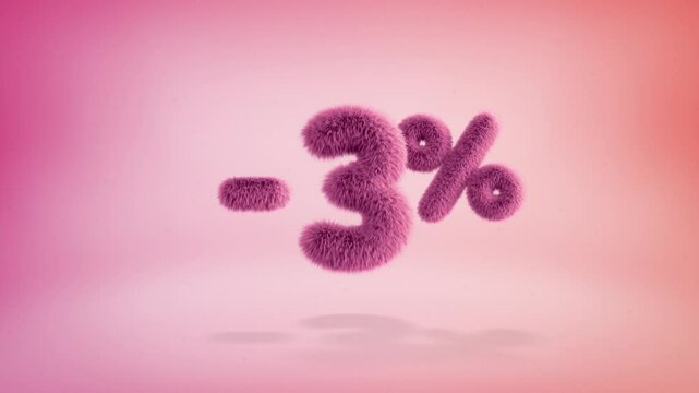 3% pink fluffy numbers and symbols on a simple gradient background with particles. Looping animation of 3D text countdown 3 percent sale