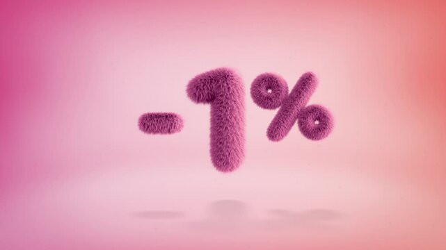 1% pink fluffy numbers and symbols on a simple gradient background with particles. Looping animation of 3D text countdown 1 percent sale
