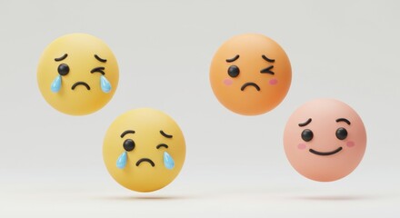Naklejka premium Floating sphere-shaped emotional icons: Tears, winking, and happy expression on a white backdrop.