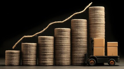 Rising stacked cylinders with a jagged line and a vehicle with packages.