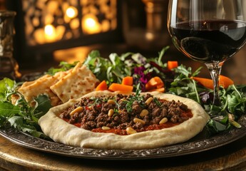 Savory Middle Eastern Dish with Spiced Ground Meat, Fresh Greens, and a Glass of Red Wine Served on a Decorative Platter in a Warm Setting