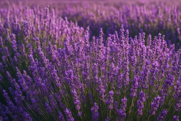Obraz premium Field of lavender in bloom captured as natural scenic background ideal for relaxing desktop wallpapers, travel ads, calming mobile screens, and premium marketing visuals