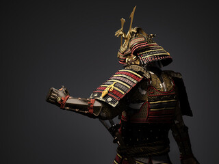 Rear View of Traditional Japanese Samurai Armor (Kacchu) on Dark Background, 3D illustration