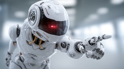 Fototapeta premium White robot with red eyes pointing finger, futuristic technology concept.