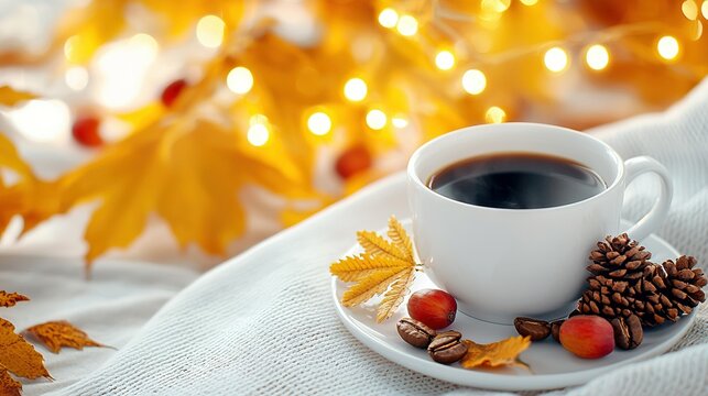   A mug of java on a plate with nutty snacks and a pinecone