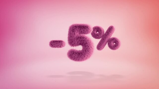 5% pink fluffy numbers and symbols on a simple gradient background with particles. Looping animation of 3D text countdown 5 percent sale