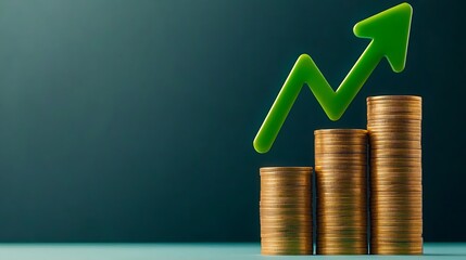 Growth concept stacks of coins with green arrow pointing upwards on dark background