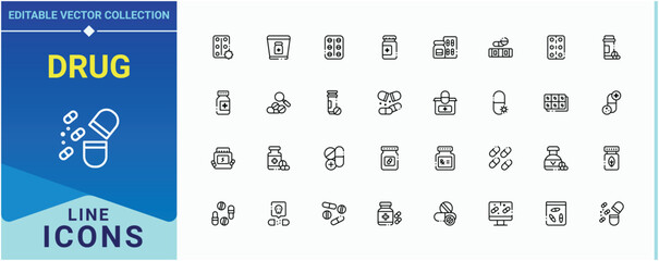 Drug icon collection. Pack of pill, health, medical, medication, anti, treatment, cure and more. Antibiotic icon. Line icons with editable stroke. Editable stroke. Vector illustration.